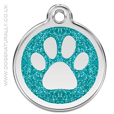 Aqua Blue Paw Print Glitter Dog ID Tag (3 sizes)